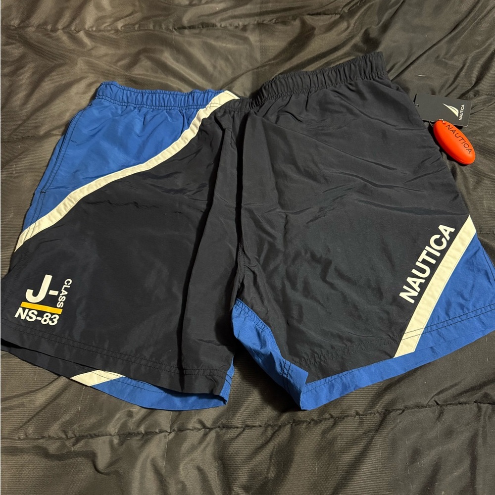 Nautica Men’s Black & Blue Athletic Swim Shorts with White Trim